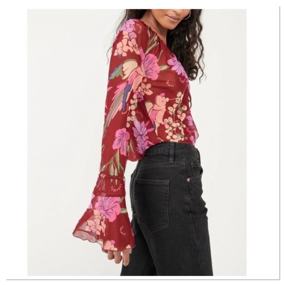 Free People Paradise Floral Print Tie Ruched V-Neck Long Bell Sleeve Top - Picture 2 of 7